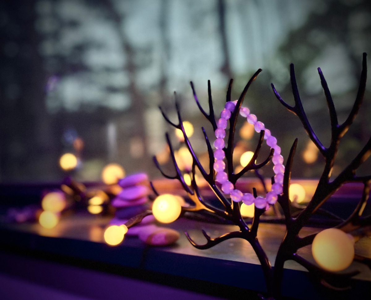 Amethyst beads on an antler tree.